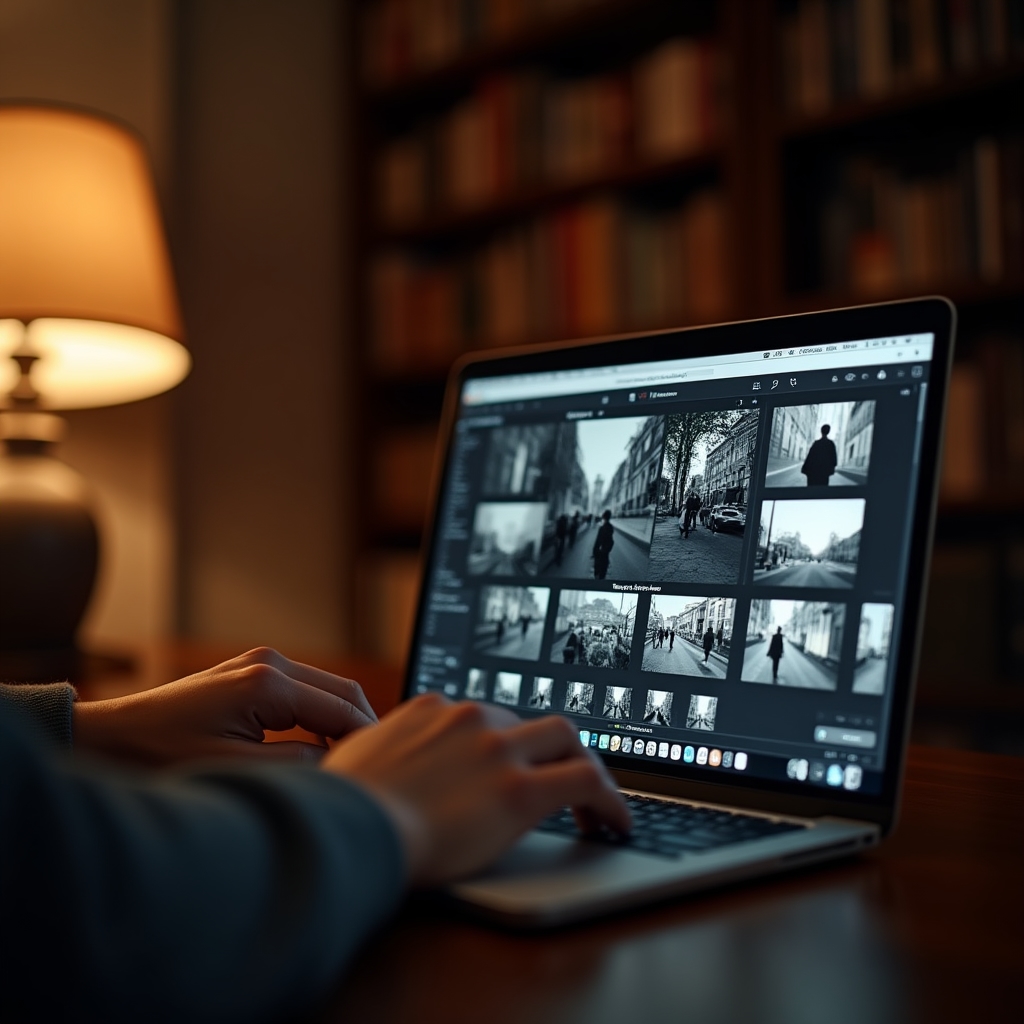 Persoană editează fotografii de stradă pe laptop, cu imagini alb-negru afișate pe ecran