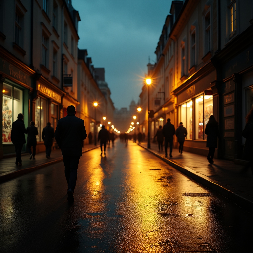 Stradă seara, luminile magazinelor reflectate pe asfalt umed, siluete în mers