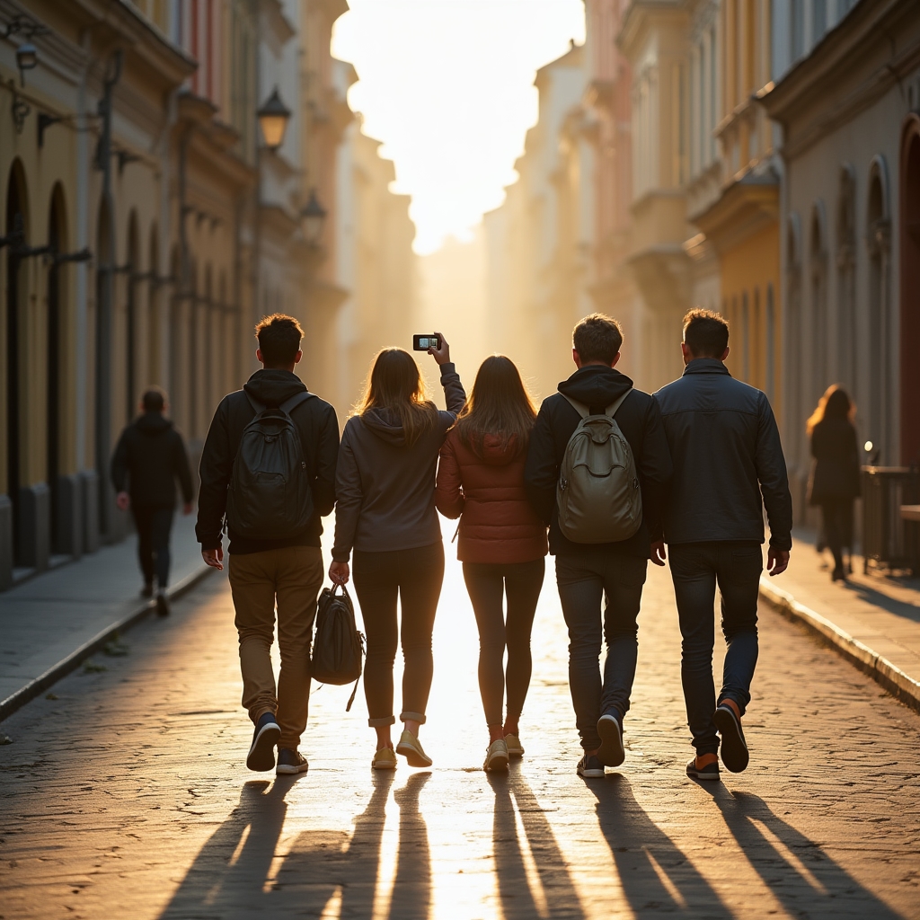 Participanți mergând pe o stradă istorică din Timișoara în timpul unui workshop de fotografie
