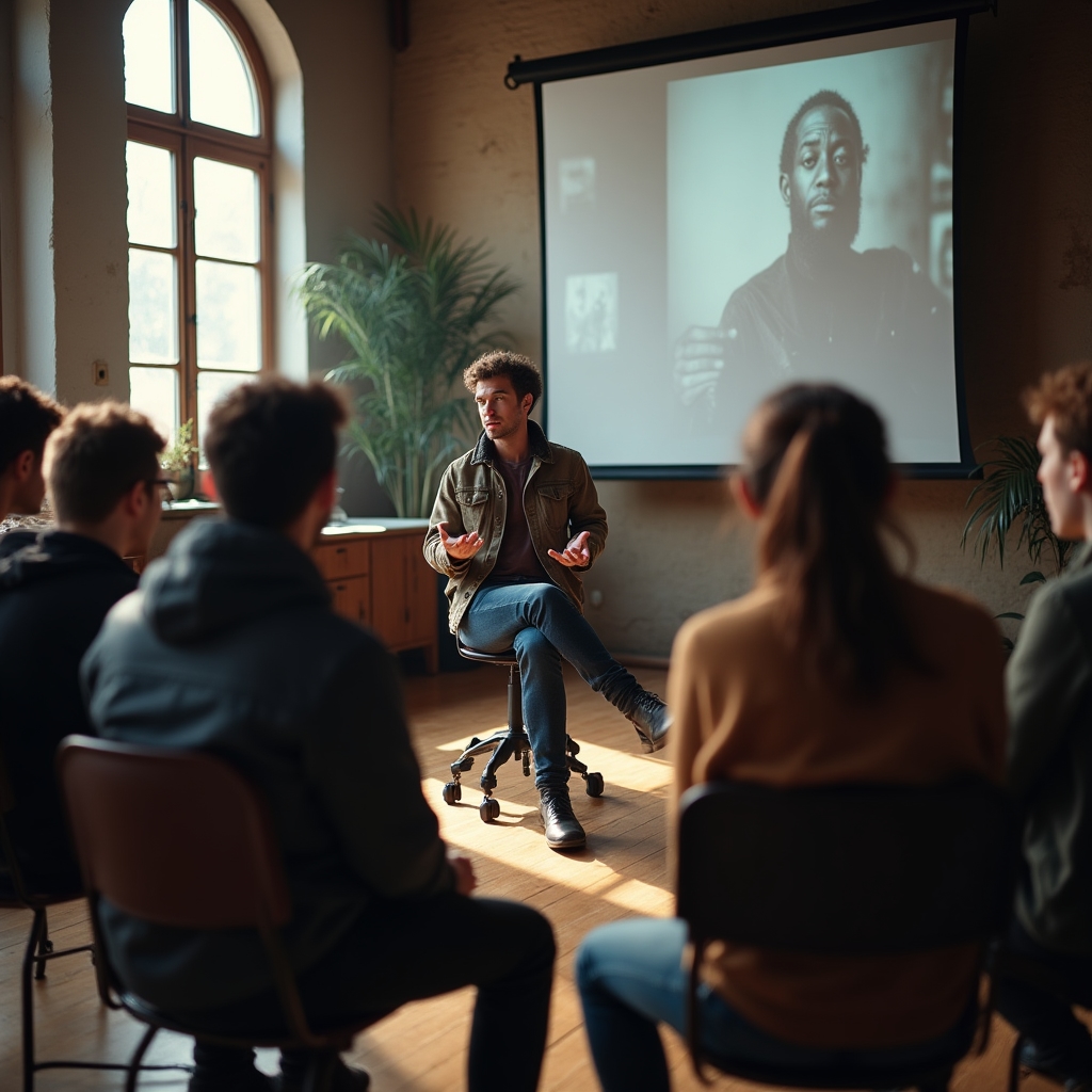 Fotograf documentarist invitat prezentând un proiect personal unui grup atent